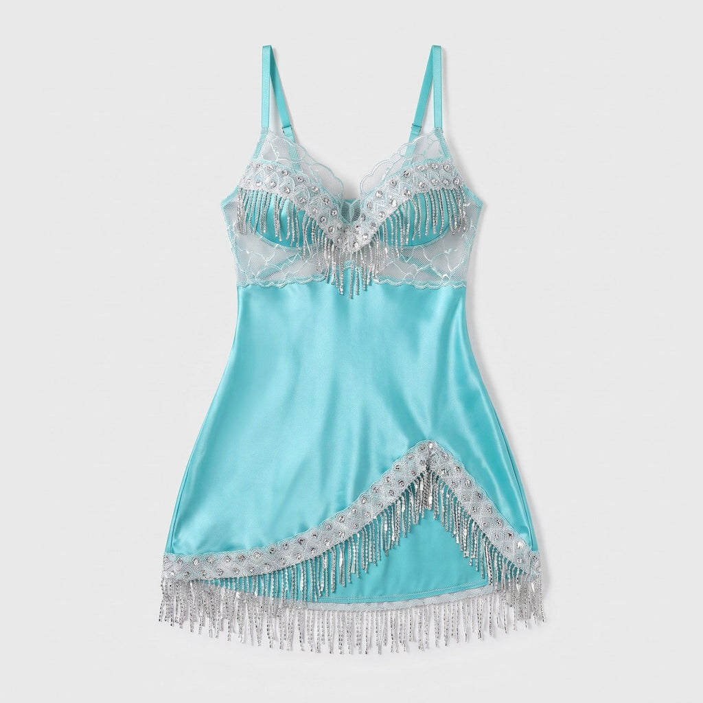 Satin-Look Lace Lingerie Nightgown with Shimmer Fringe