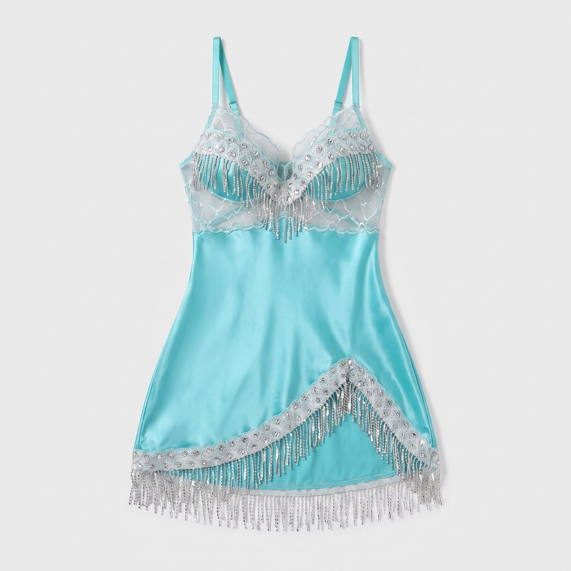 Satin-Look Lace Lingerie Nightgown with Shimmer Fringe