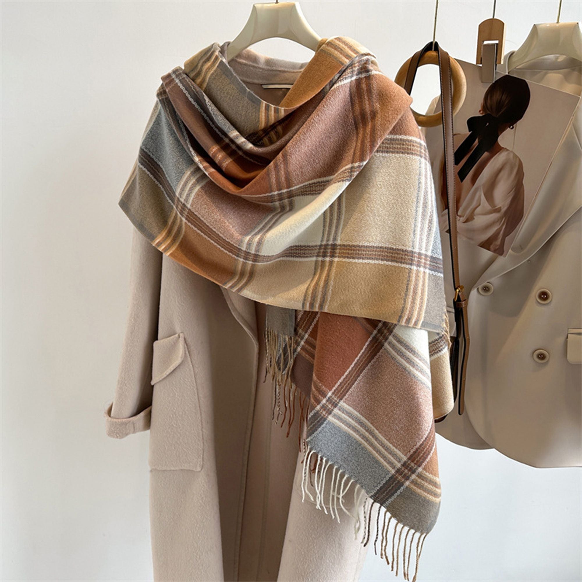 Anna-Kaci Women's Plaid Tassel Trim Faux Cashmere-Like Winter Warm Scarf - 77IN¡Á26IN