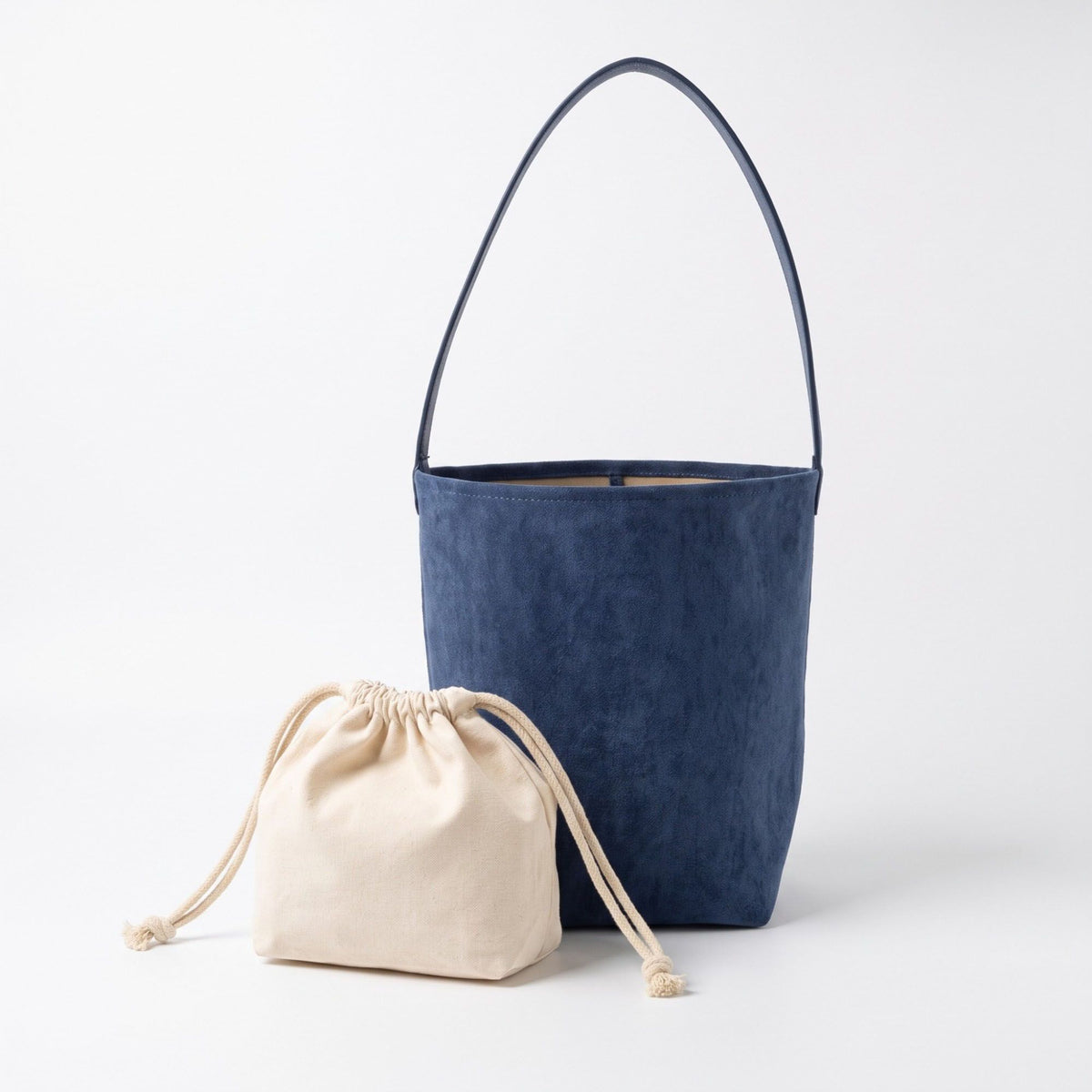 Faux Suede Bucket Shoulder Bag with Drawstring Pouch