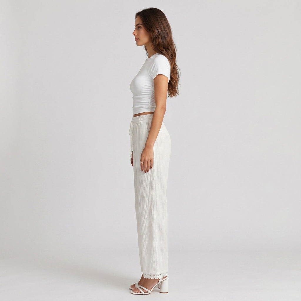 White Crinkle Wide Leg Pants Elastic Drawstring Waist Lace Trim Boho Trousers