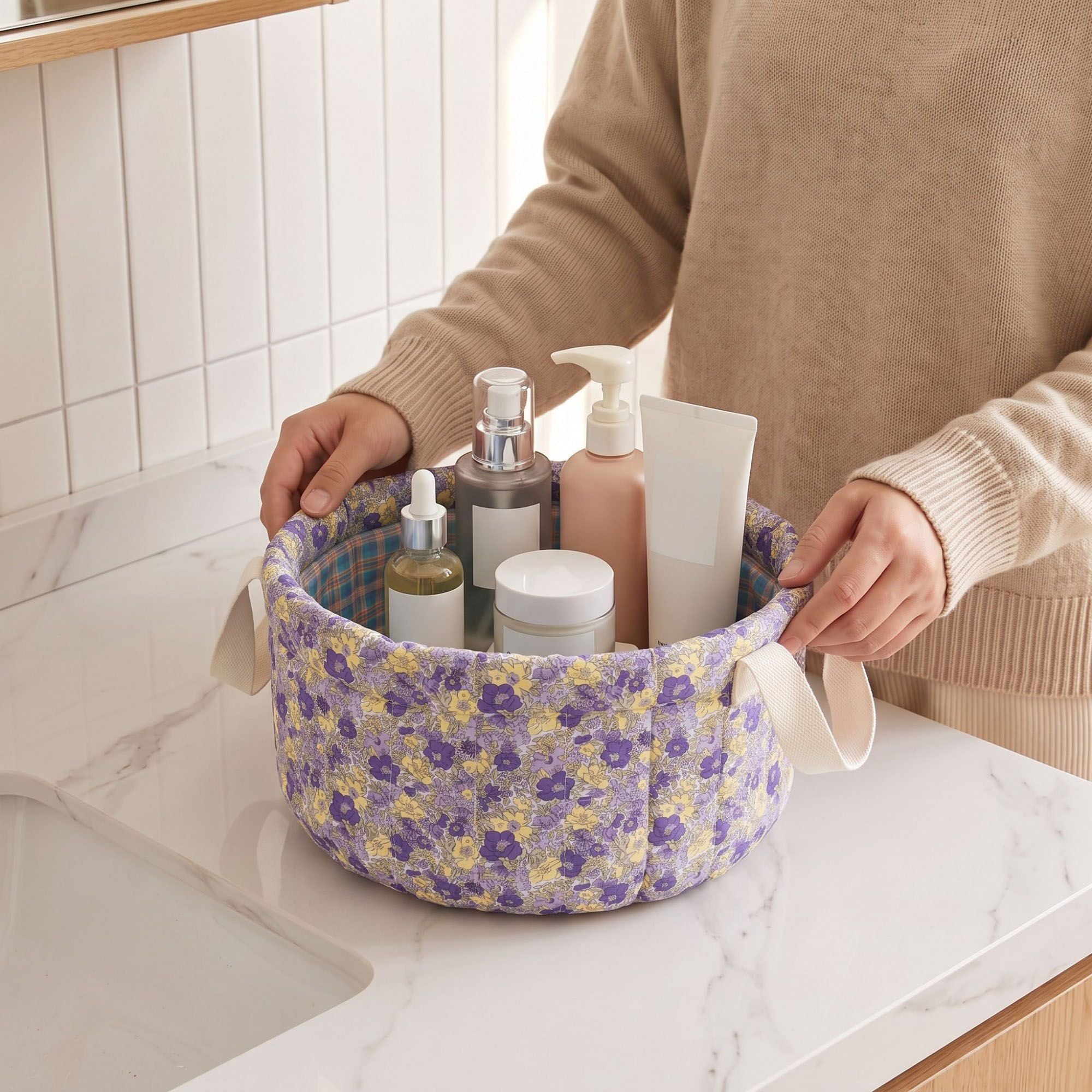 Quilted Floral Storage Basket with Handles for Home Organization