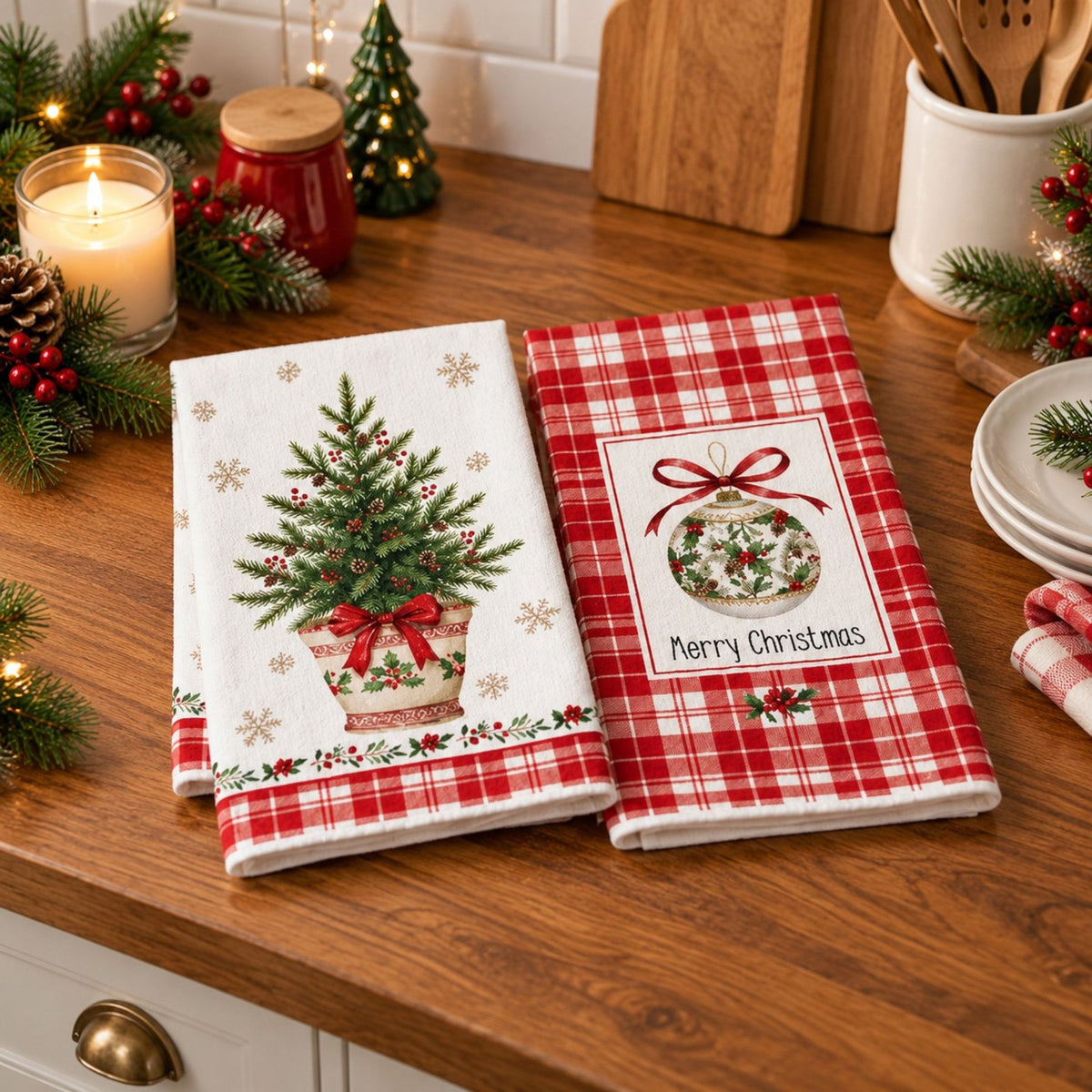 2-Pack Christmas Kitchen Towels 15.7x23.6in, Green Tree & Ornament Microfiber Towels