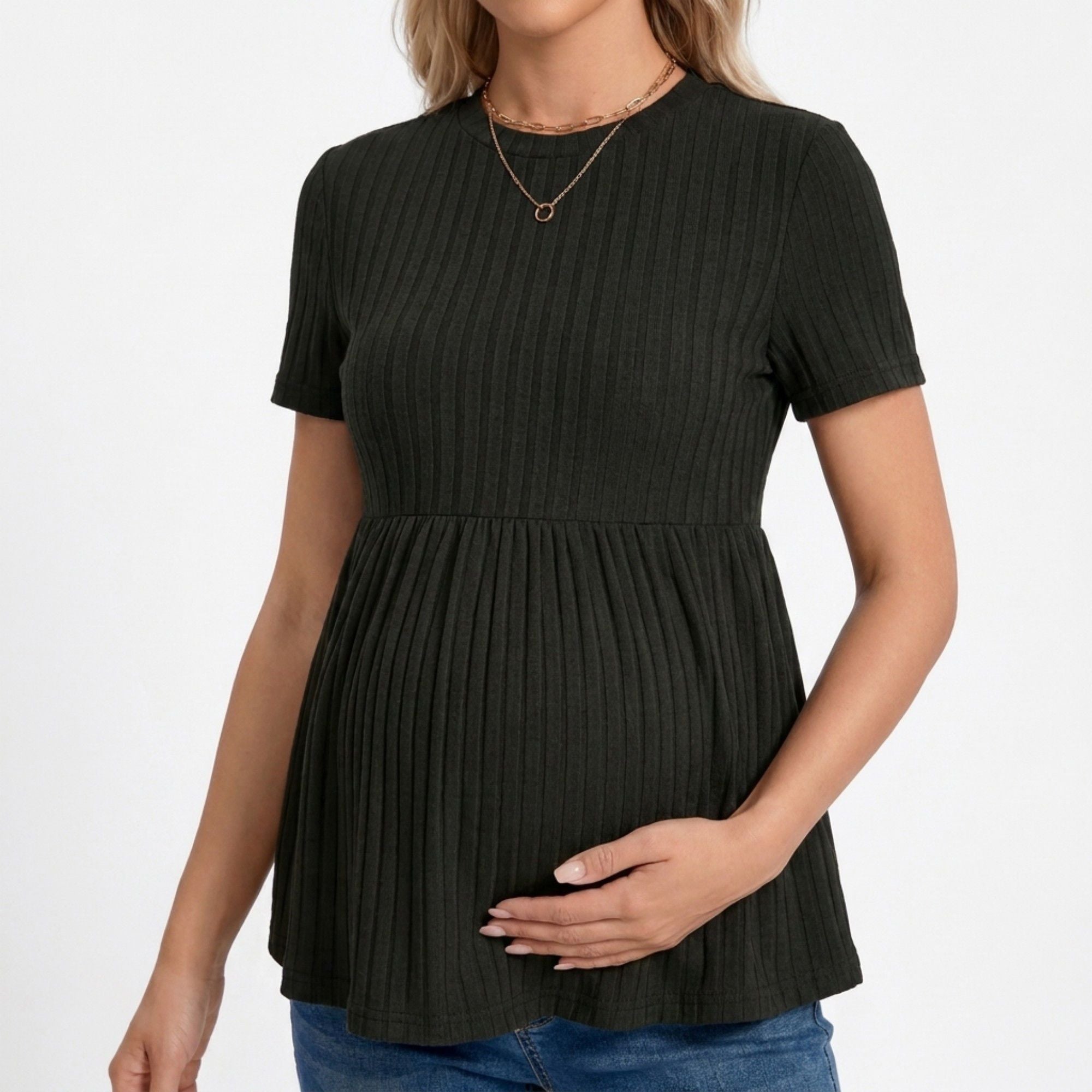 Anna-Kaci Women's Short Sleeve Rib Knit Peplum Maternity Top with Round Neck