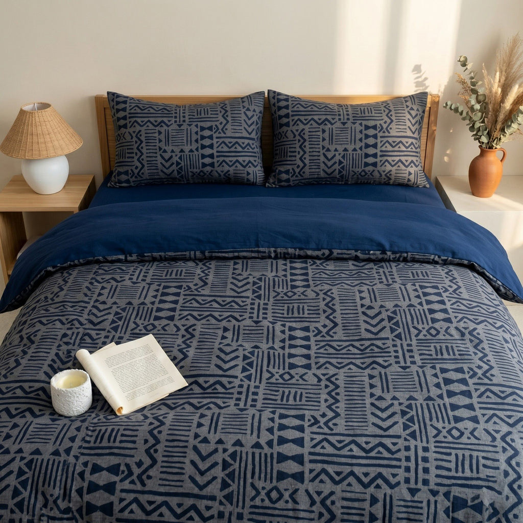 4-Piece Cotton Double Gauze Bedding Set with Duvet Cover Flat Sheet and Pillowcases Textured Woven Pattern