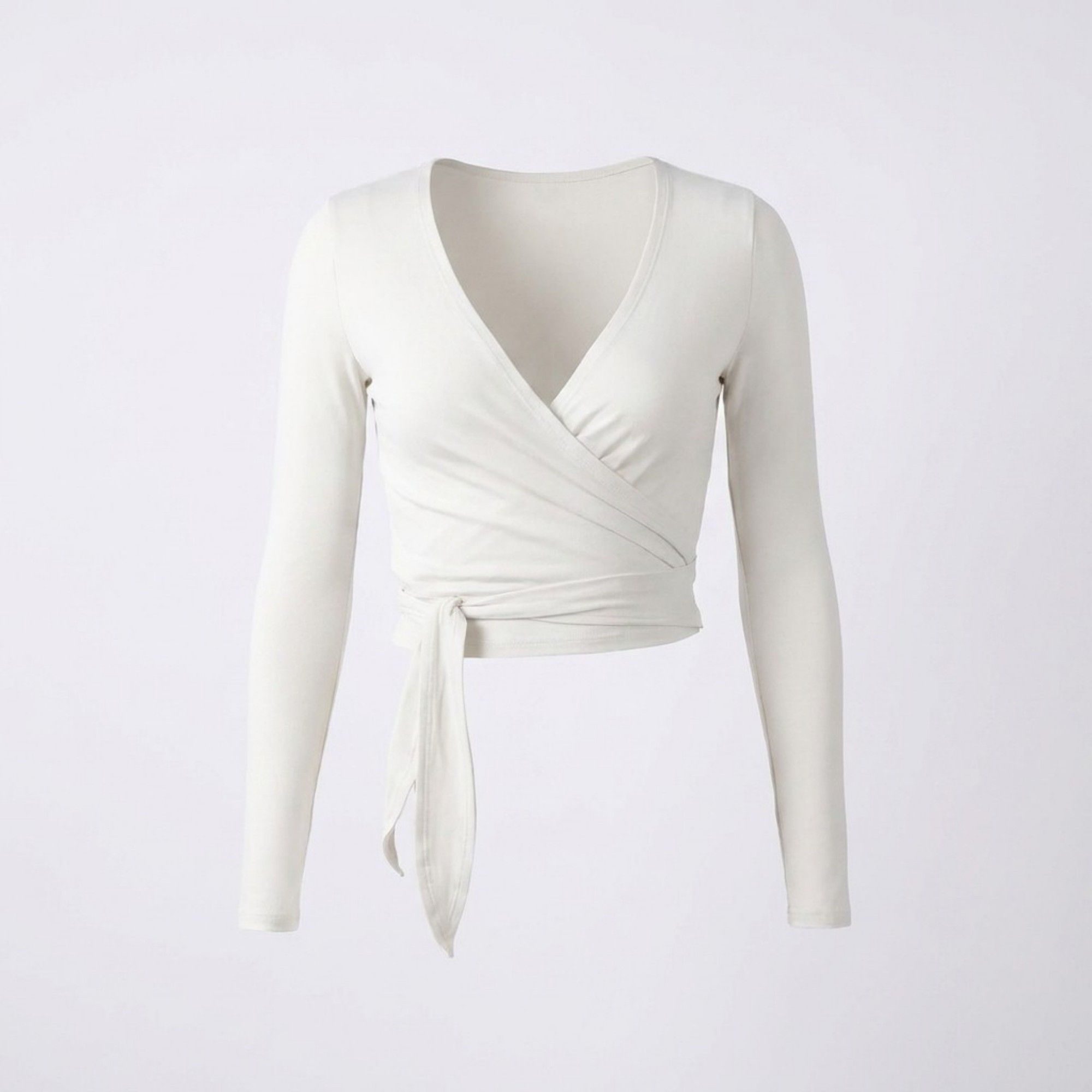 Anna-Kaci Active Womens Long Sleeve Wrap Crop Top with V Neckline Side Tie Waist Smooth Stretch Knit and Fitted Silhouette