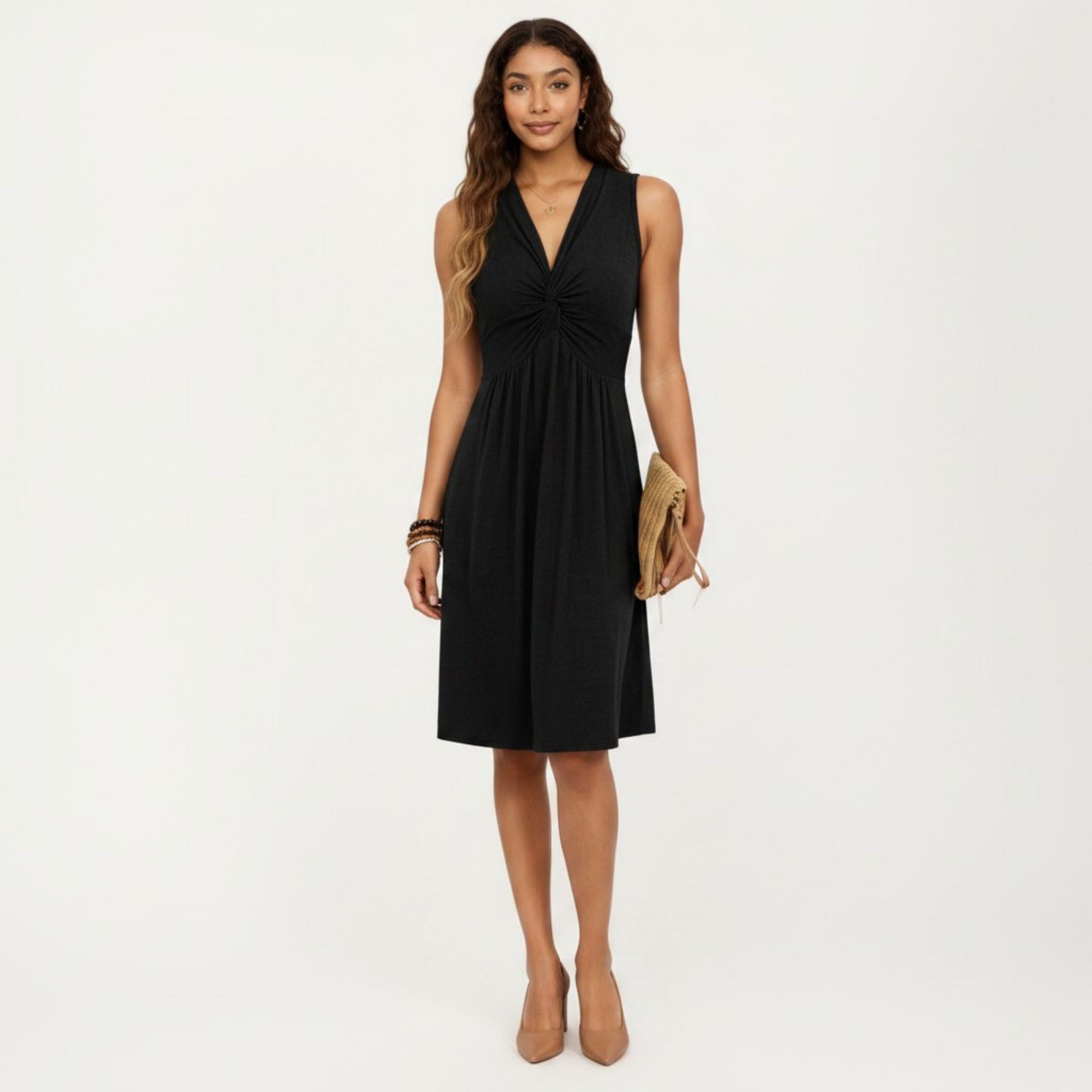 Anna-Kaci Women's Sleeveless V Neck Midi Dress with Front Twist Detail and Flowy A Line Silhouette