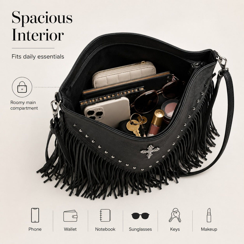 Studded Fringe Shoulder Bag with Adjustable Strap and Zip Closure