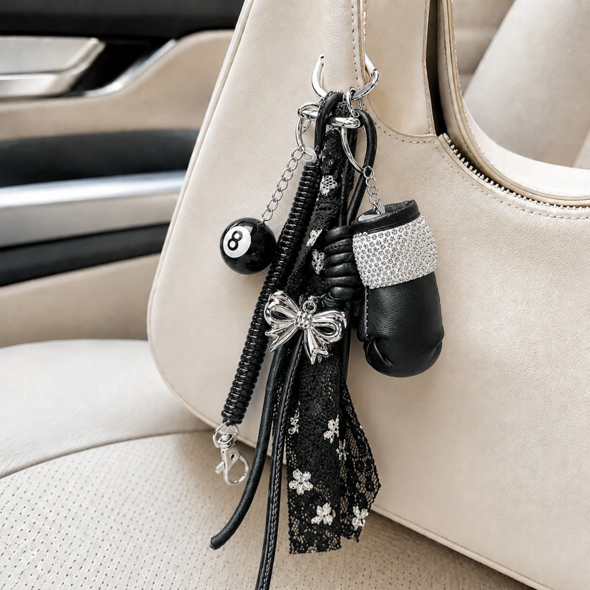 Boxing Glove Keychain Bag Charm with 8 Ball Accent Lace Ribbon and Clip