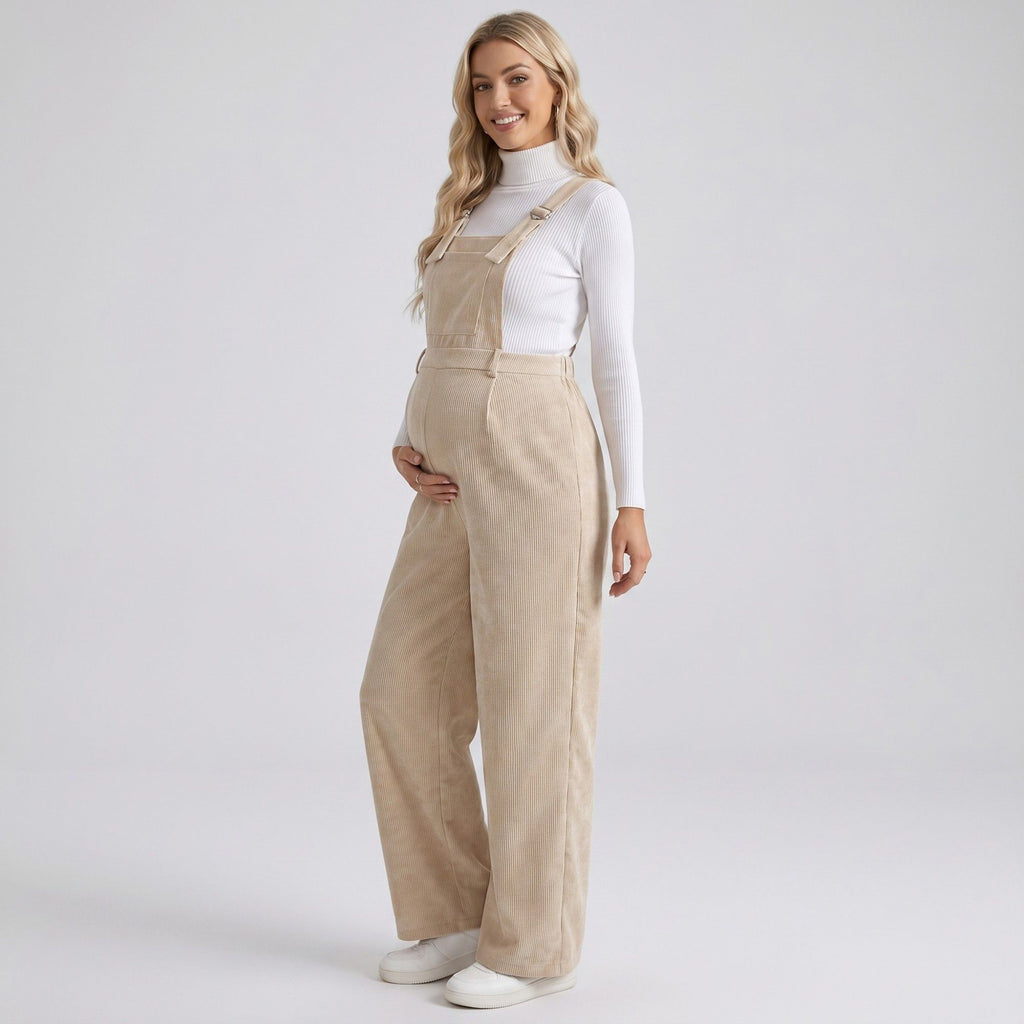Anna-Kaci Women's Maternity Corduroy Overall Jumpsuit with Adjustable Straps and Wide Leg Fit