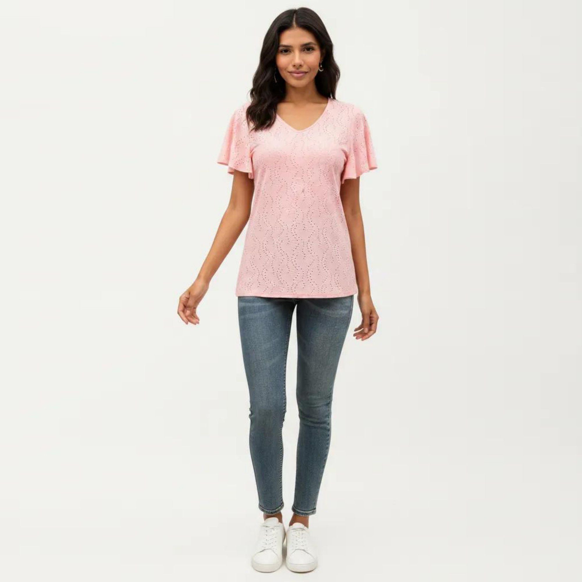 Anna-Kaci Women's Short Sleeve Eyelet V-Neck Top with Floral Embroidery and Flutter Sleeves