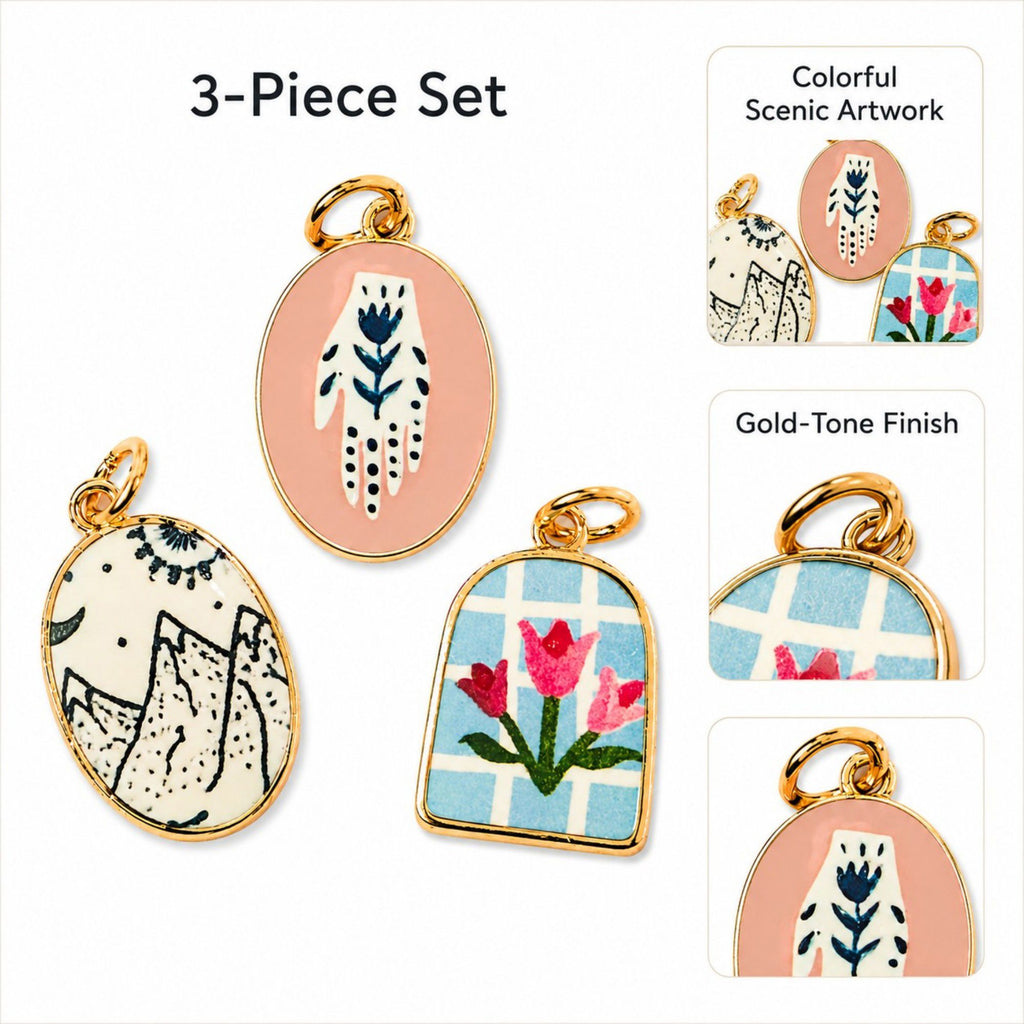 3pc Scenic Artwork Keychain Bag Charm Set with Gold Tone Trim for Bags and Keys