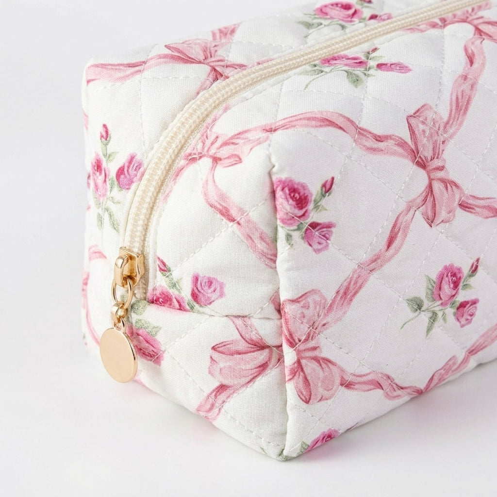 Floral Quilted Makeup Bag Travel Cosmetic Toiletry Pouch with Zipper Closure