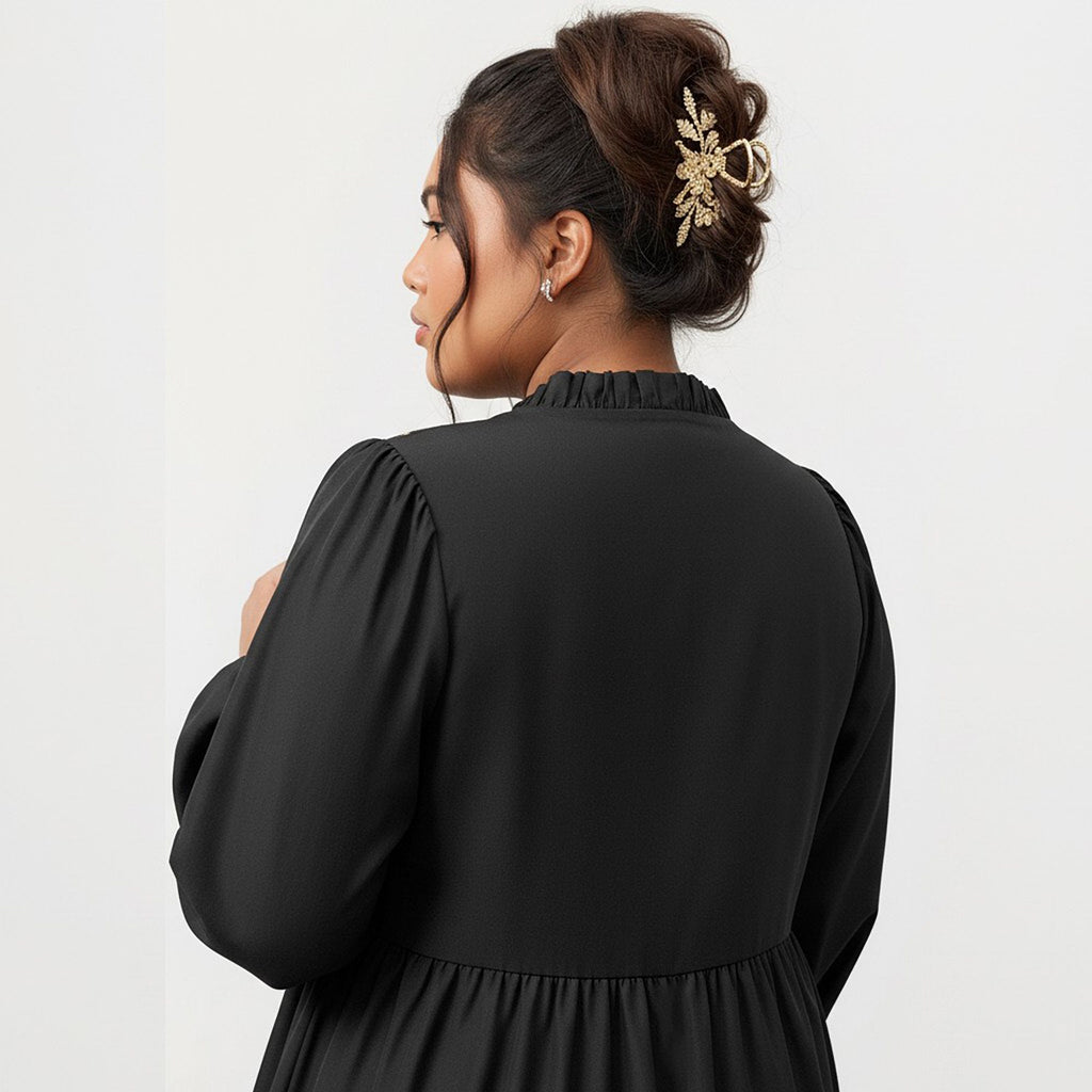 Anna-Kaci Women's Plus Size Long Sleeve V Neck Dress with Floral Embroidered Bodice and Flowy Tiered Skirt