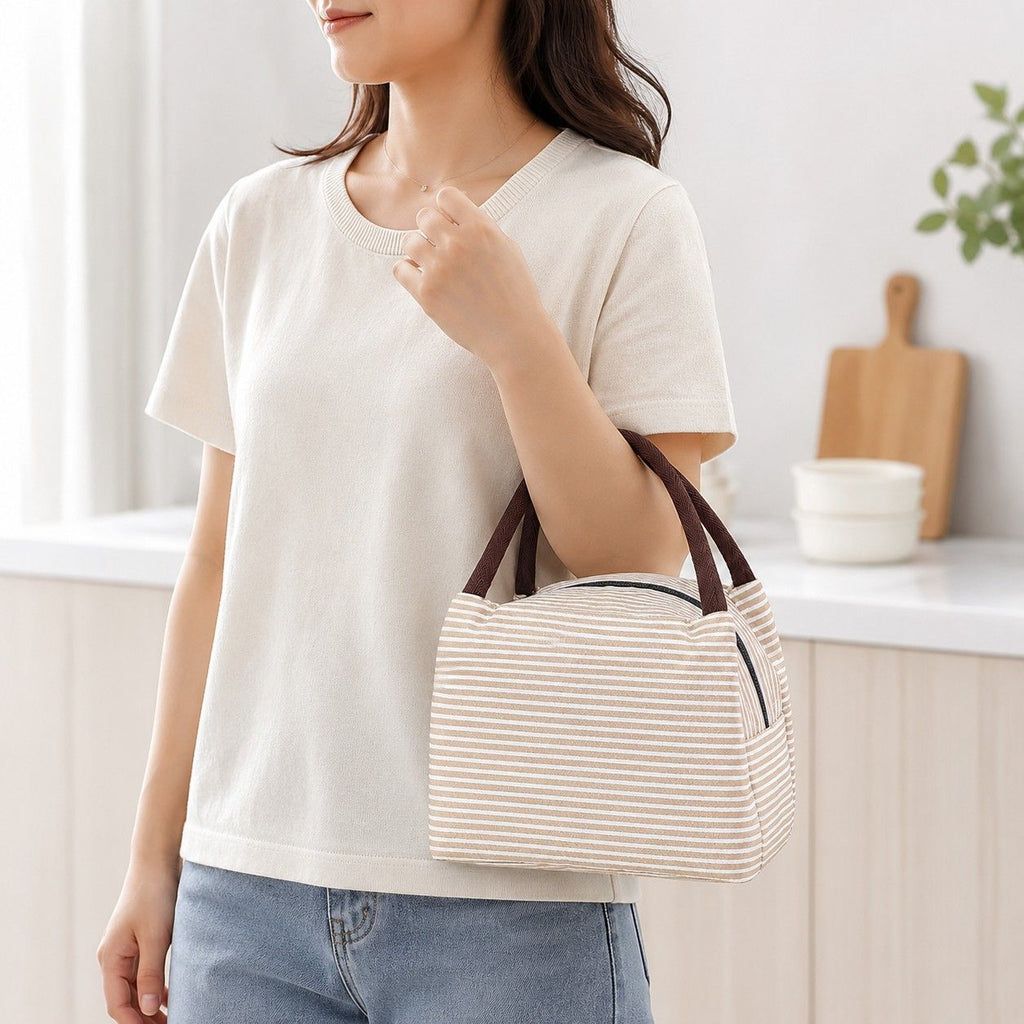 Insulated Striped Lunch Bag Reusable Soft Cooler Tote for Work School Picnic