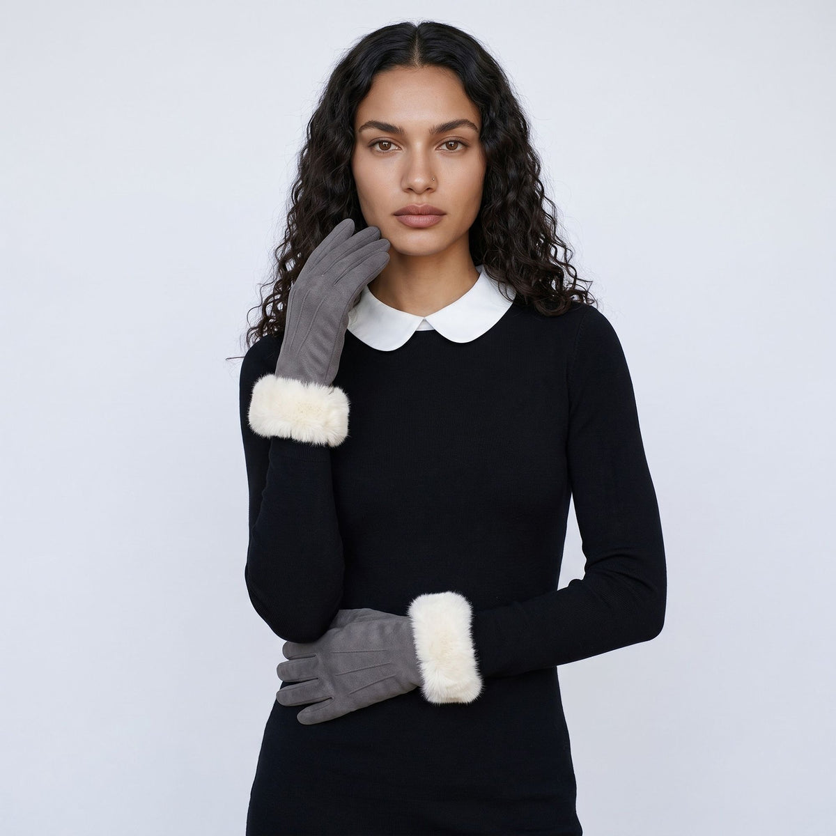 Faux Fur Cuff Full Finger Gloves with Soft Suede Like Finish