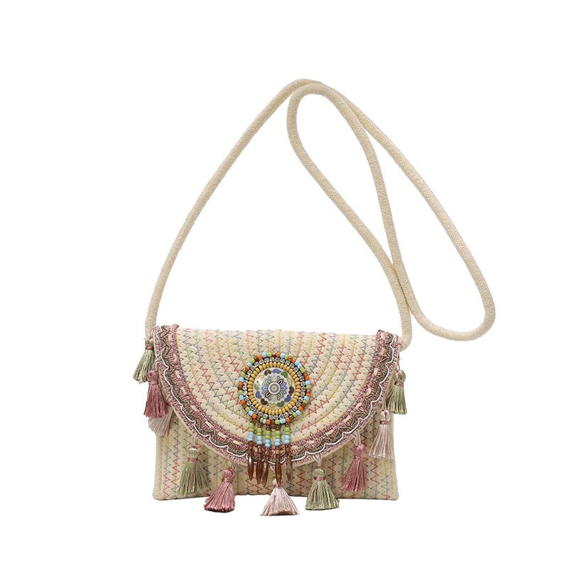 Women's Woven Crossbody Bag with Beaded Medallion Tassel Flap and Long Strap