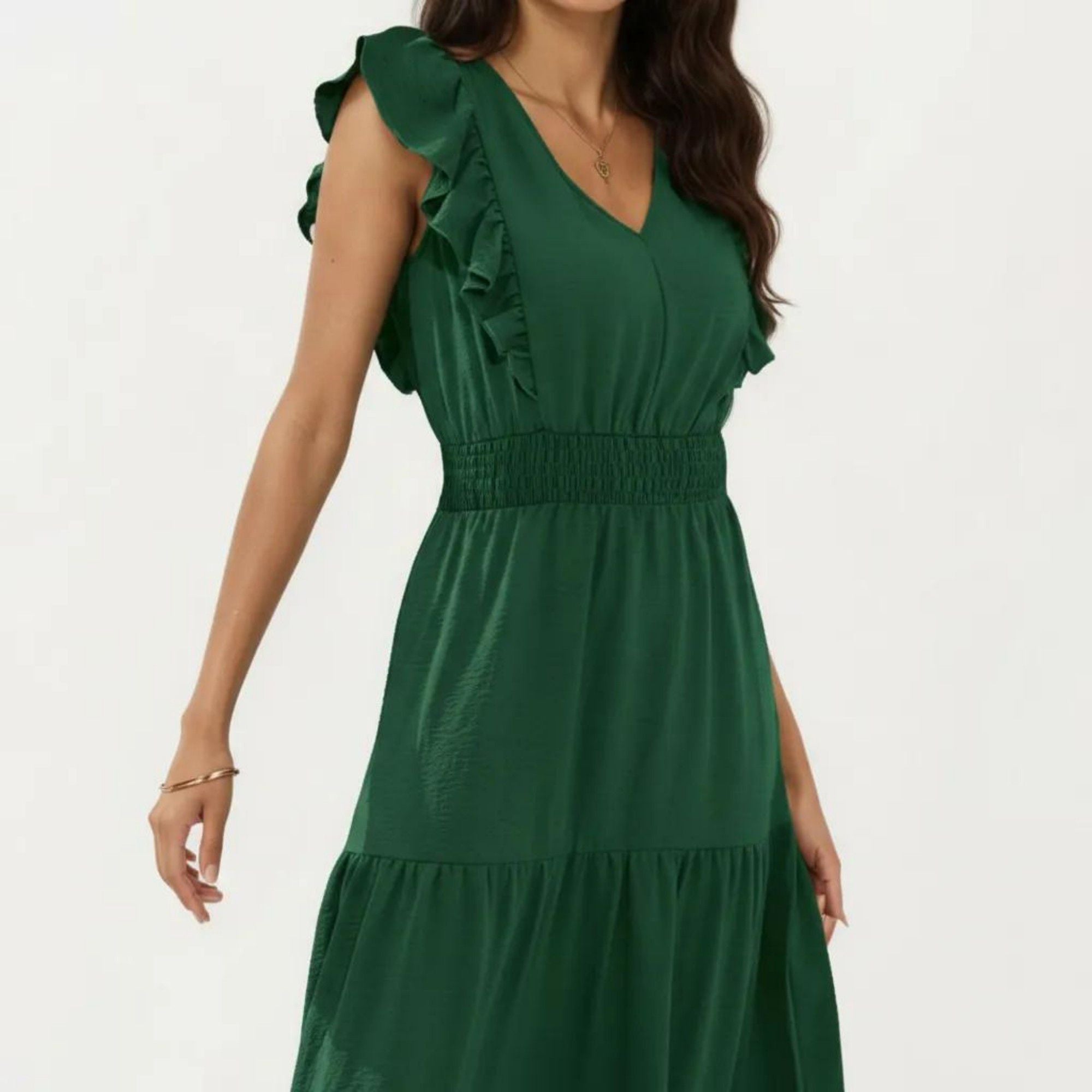 Anna-Kaci Women's Tiered Midi Dress with Ruffle Sleeves and Smocked Waist
