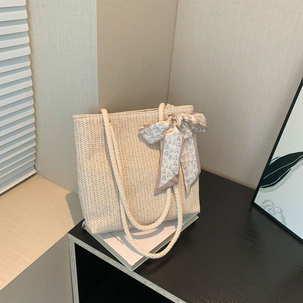 Anna-Kaci Women's Straw Woven Tote Bag with Bow Accent - Lightweight Summer Shoulder Bag