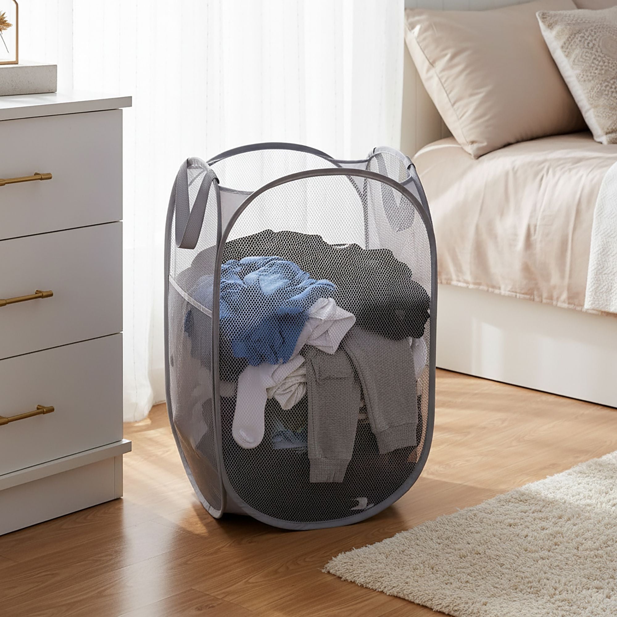 Collapsible Mesh Laundry Hamper Pop Up Clothes Basket Foldable Storage Bin for Bedroom Bathroom