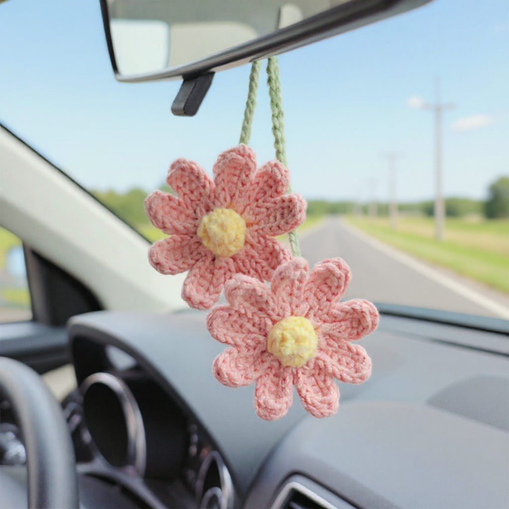 Anna-Kaci 2pcs Crochet Daisy Car Mirror Hanging Decoration with Dual Flower Design