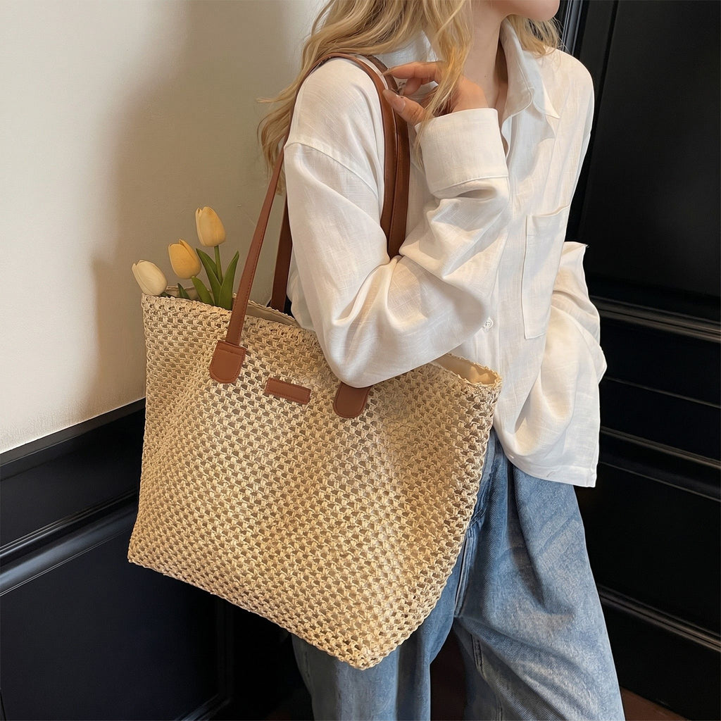 Woven Straw Tote Bag Faux Leather Handles Large Capacity Shoulder Handbag for Everyday Use