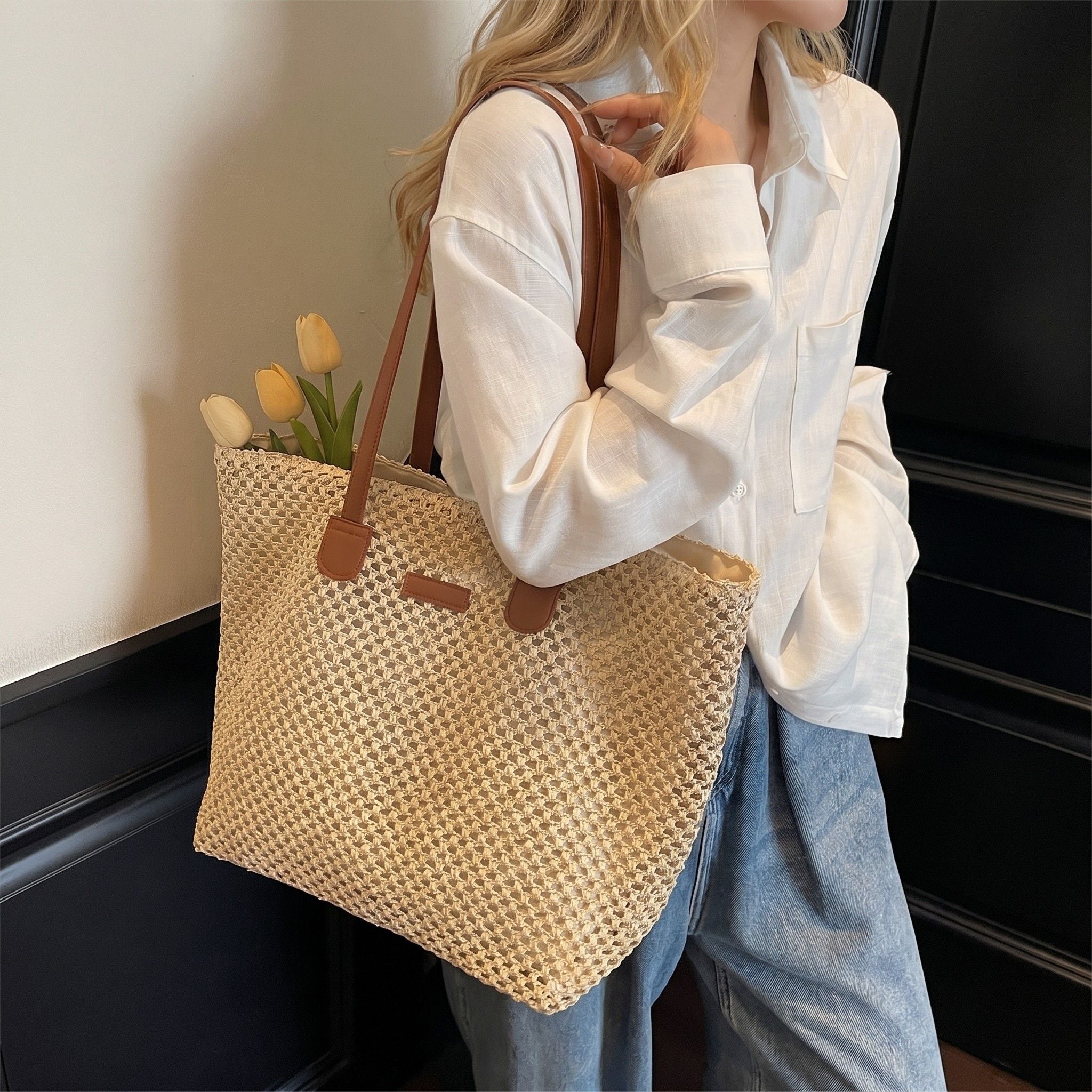 Woven Straw Tote Bag Faux Leather Handles Large Capacity Shoulder Handbag for Everyday Use