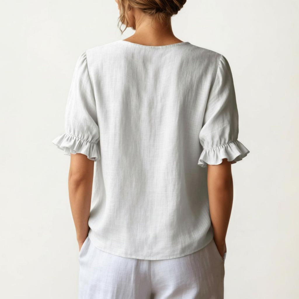 Anna-Kaci Women's Ruffle Neck Blouse with Short Puff Sleeves and Textured Linen-Like Fabric