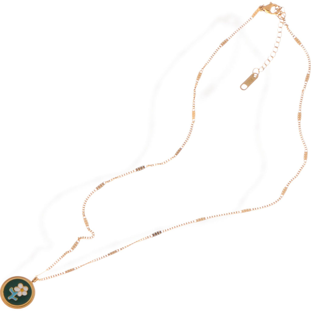 Women's Gold Tone Chain Fashion Necklace with Green Enamel Flower Pendant