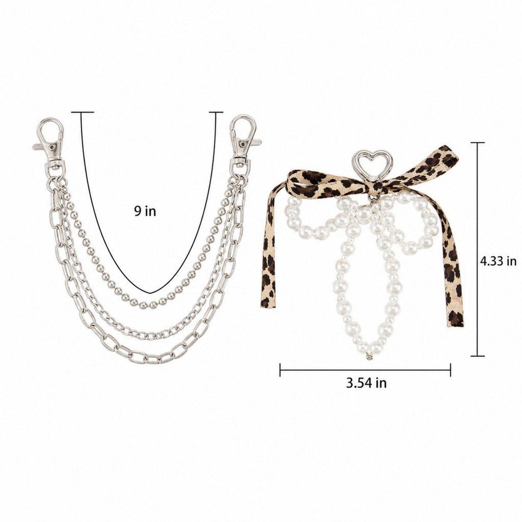 Pearl Bow Chain Bag Charm with Leopard Ribbon Layered Silver Tone Clips for Bags and Jeans