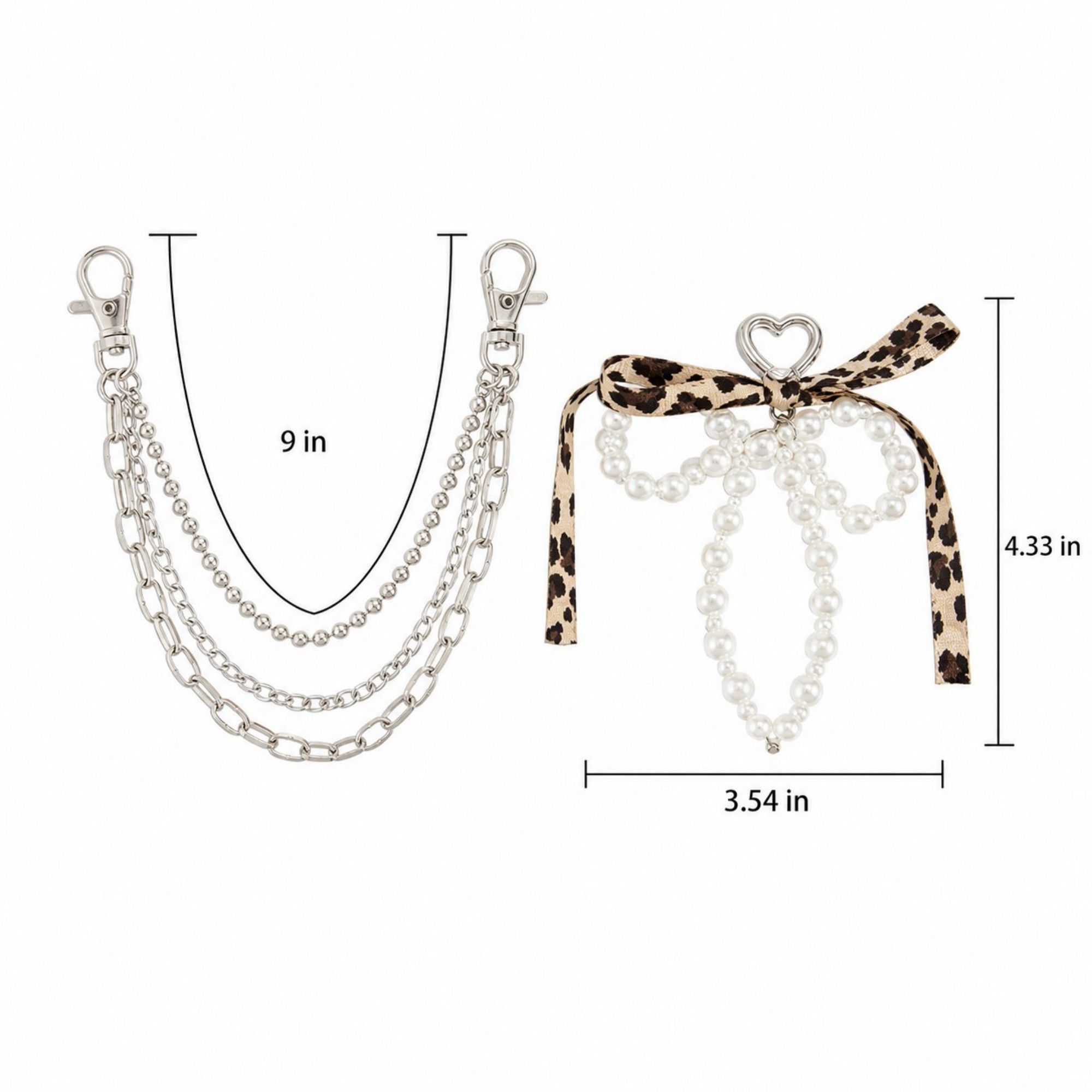 Pearl Bow Chain Bag Charm with Leopard Ribbon Layered Silver Tone Clips for Bags and Jeans