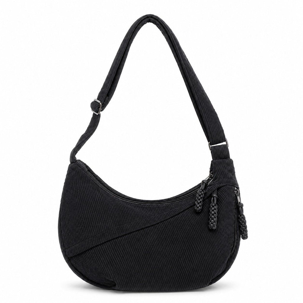 Corduroy Crescent Crossbody Bag with Adjustable Strap and Zip Pockets