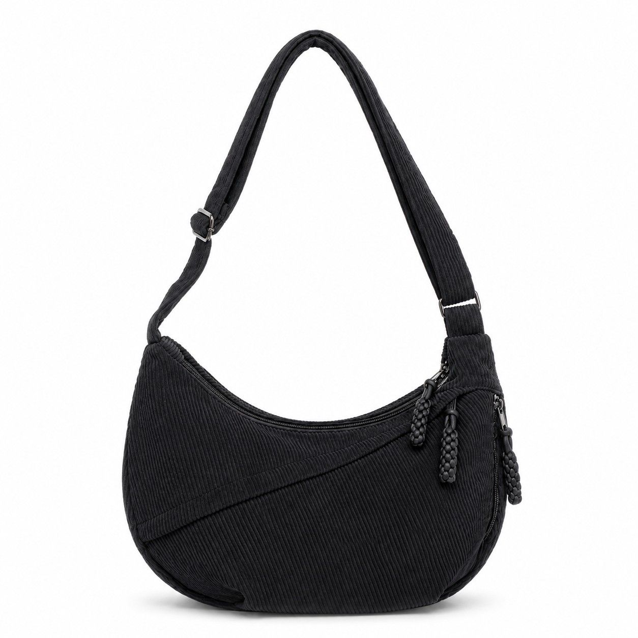 Corduroy Crescent Crossbody Bag with Adjustable Strap and Zip Pockets