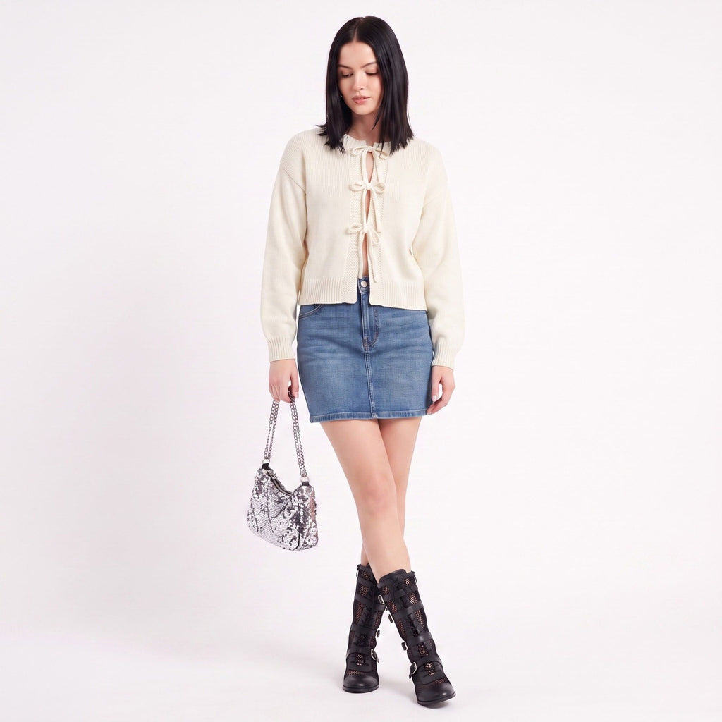 Tie-Front Long Sleeve Cropped Knit Cardigan