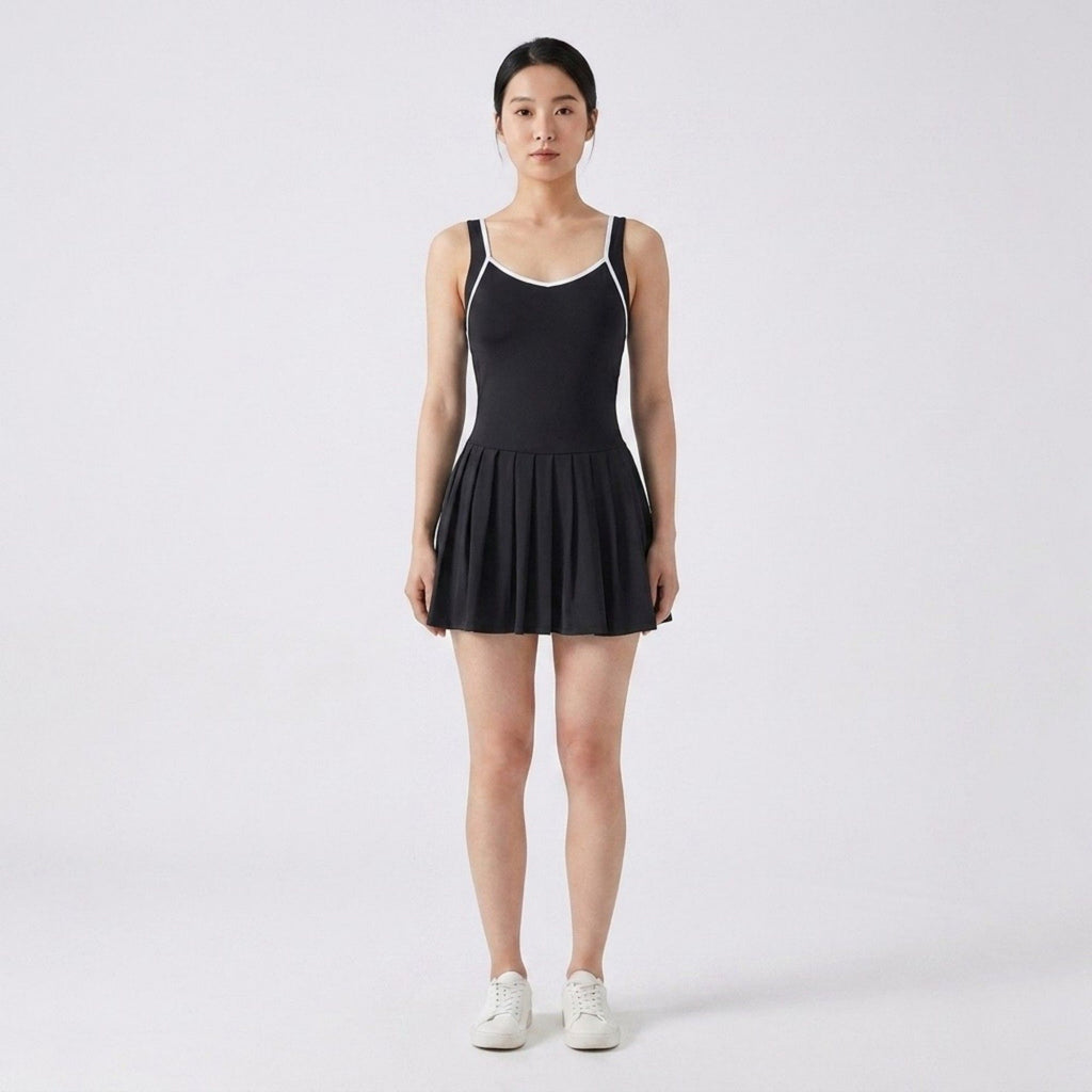 Anna-Kaci Active Womens Contrast Trim Athletic Dress with Crisscross Back Straps Pleated Skirt and Smooth Stretch Knit