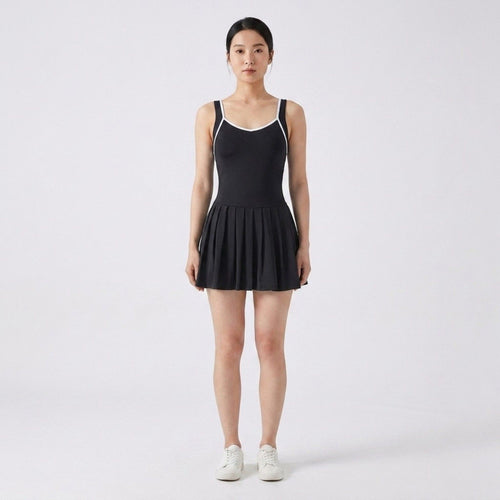 Anna-Kaci Active Womens Contrast Trim Athletic Dress with Crisscross Back Straps Pleated Skirt and Smooth Stretch Knit