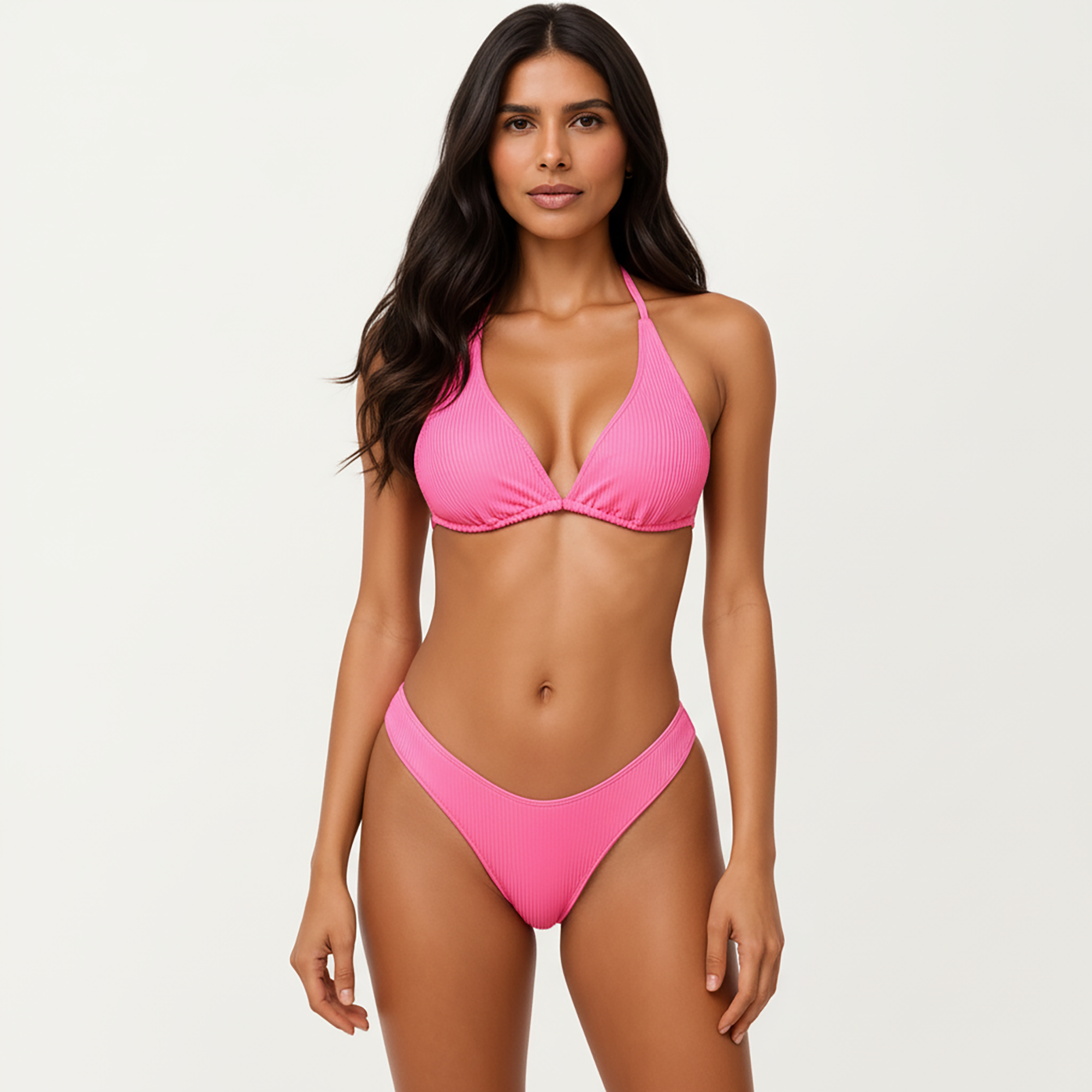Anna-Kaci Women's 2-Piece Ribbed Triangle Bikini Set with Halter Top and High Cut Bottom