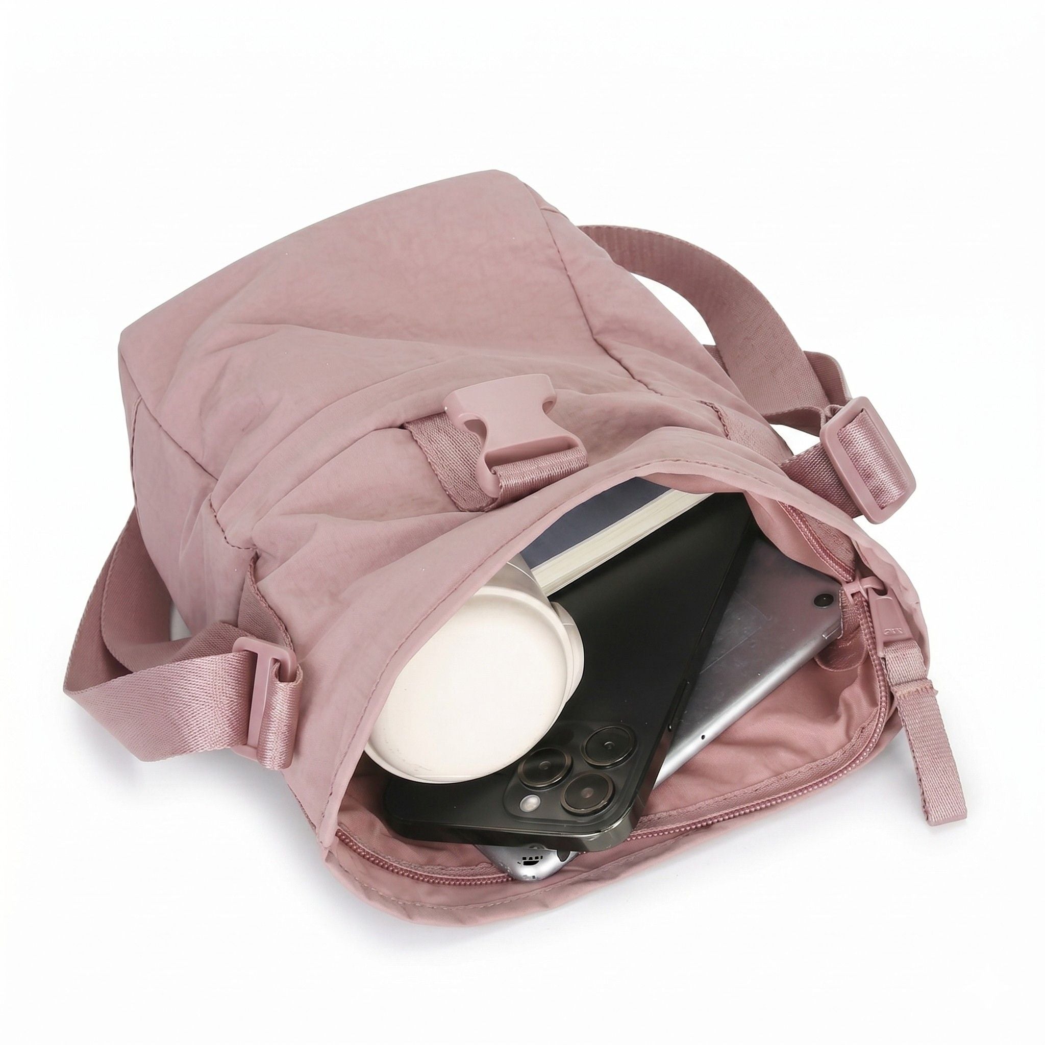Water Resistant Nylon Crossbody Bucket Bag Adjustable Strap Multi Pocket Everyday Travel Bag