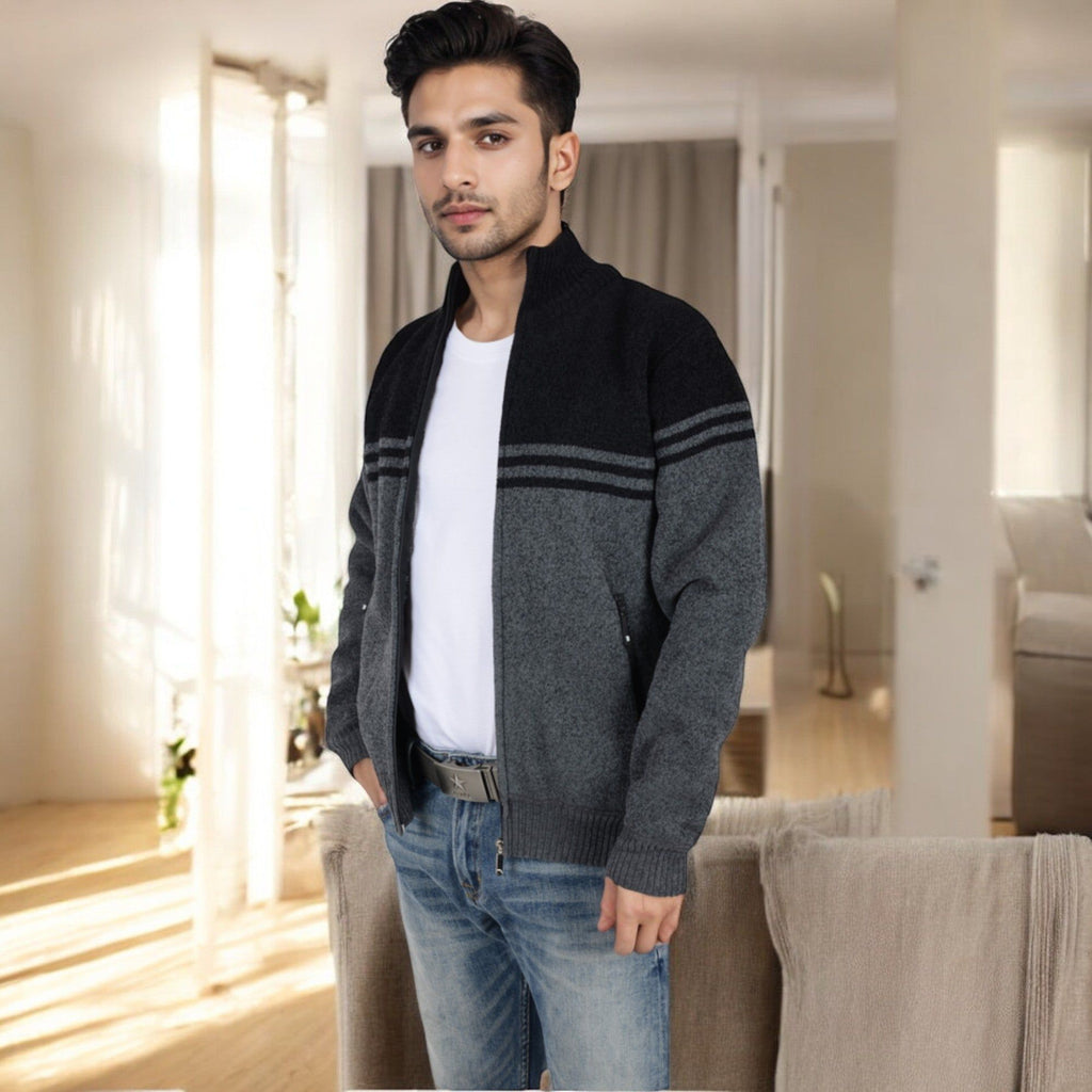 Anna-Kaci Men's Zip-Up Striped Fleece Jacket with High Collar and Front Pockets