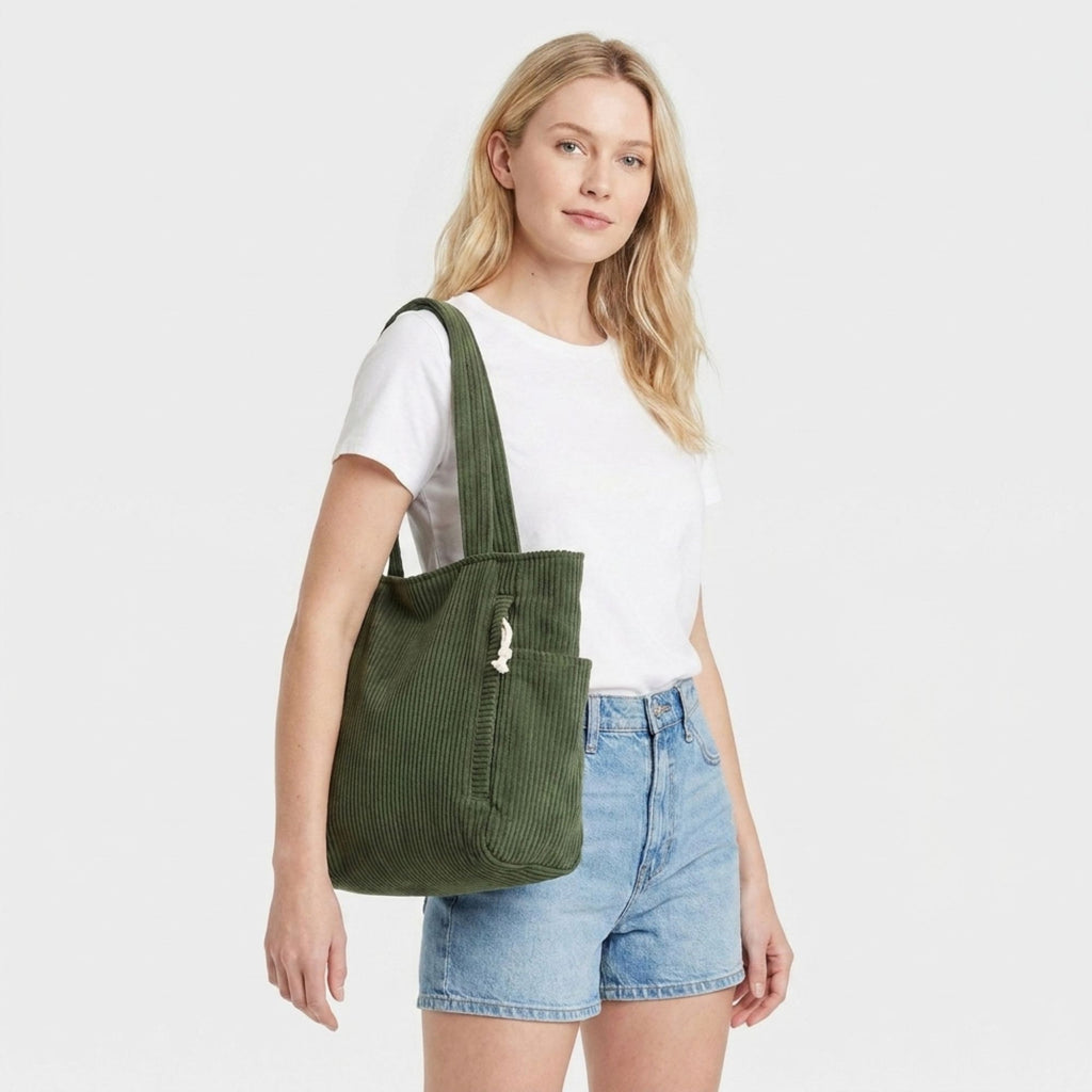 Corduroy Tote Bag Large Capacity Shoulder Bag with Side Pockets and Zipper Closure