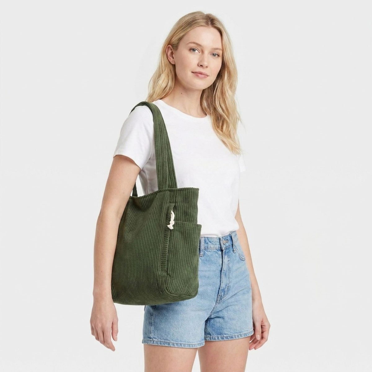 Corduroy Tote Bag Large Capacity Shoulder Bag with Side Pockets and Zipper Closure