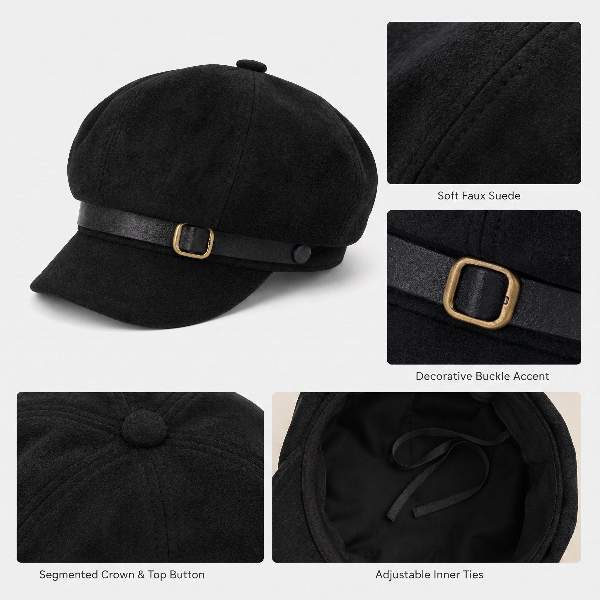 Faux Suede Baker Boy Cap with Buckle Band Vintage Newsboy Style Hat