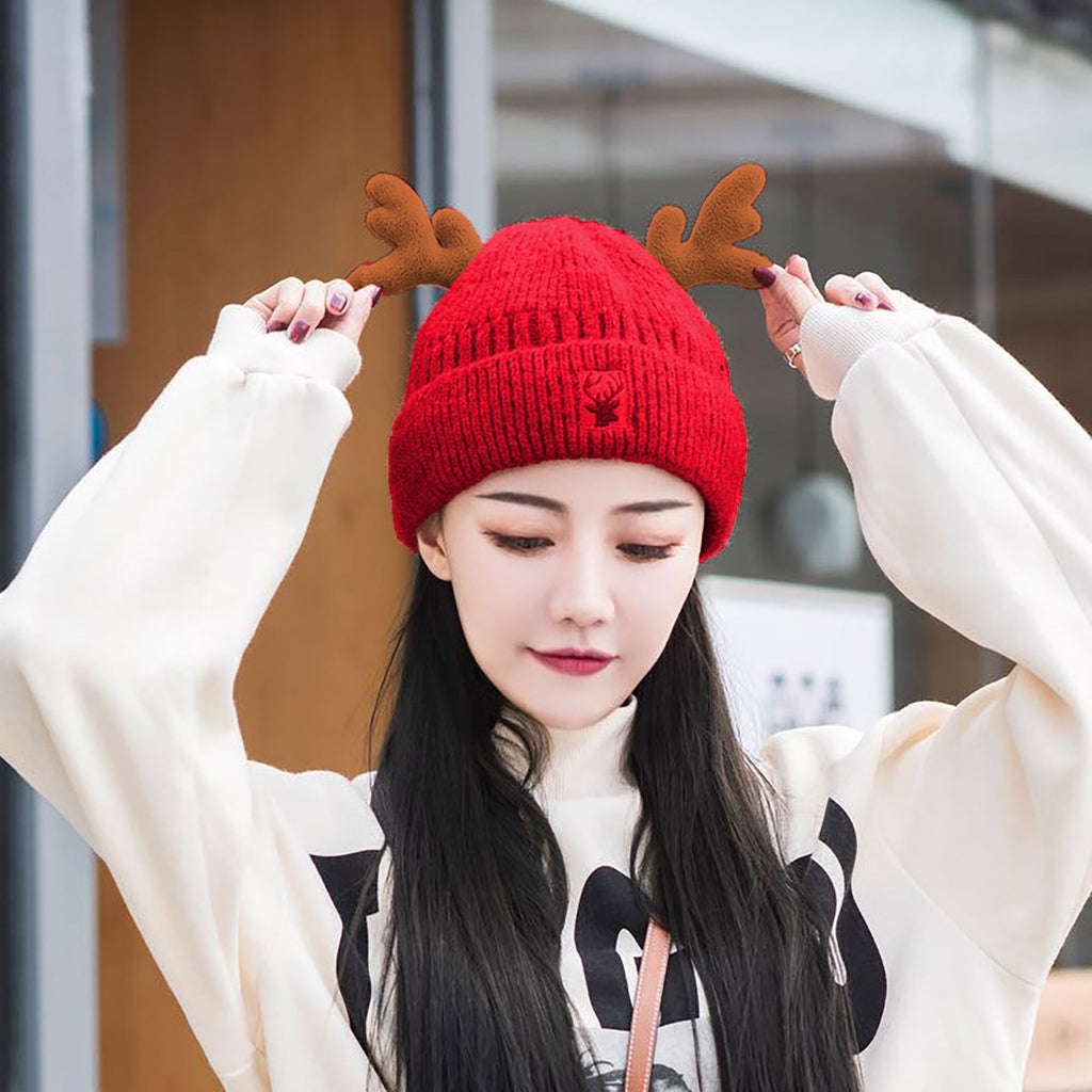Anna-Kaci Women's Knit Beanie with Reindeer Antlers - Festive Winter Hat
