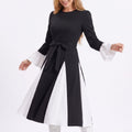 Color Block Belted Long Sleeve Fit and Flare Midi Dress