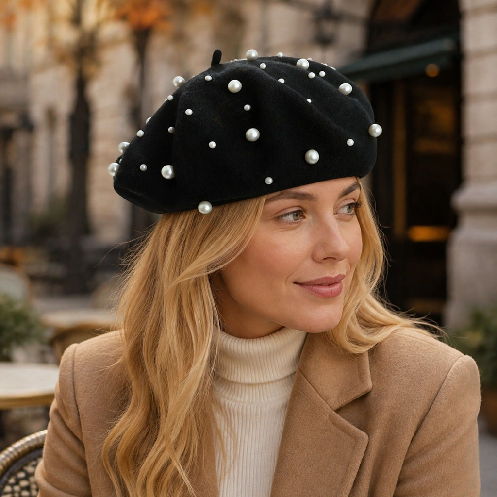 Pearl-Embellished Wool Knit Beret
