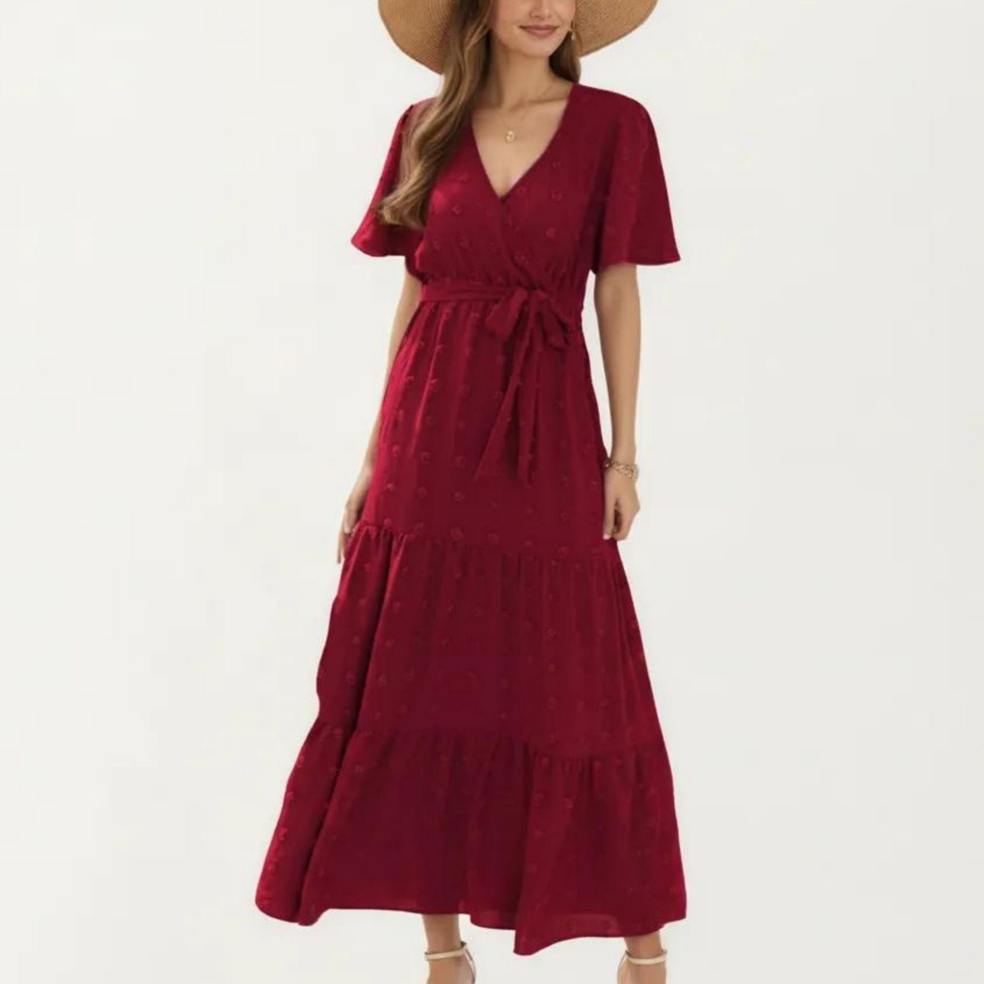 Anna-Kaci Women's Short Sleeve Maxi Dress with Wrap Front Waist Tie and Tiered Skirt