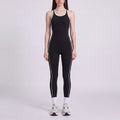 Sleeveless One Piece Active Jumpsuit with Contrast Piping Scoop Neck and Full Length Legging Fit
