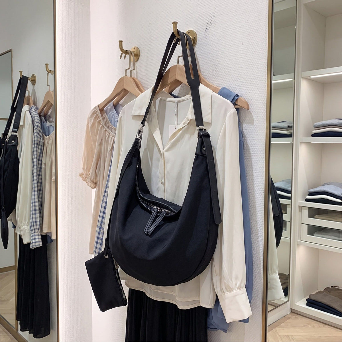 Crescent Hobo Shoulder Bag with Detachable Zip Pouch and Adjustable Strap