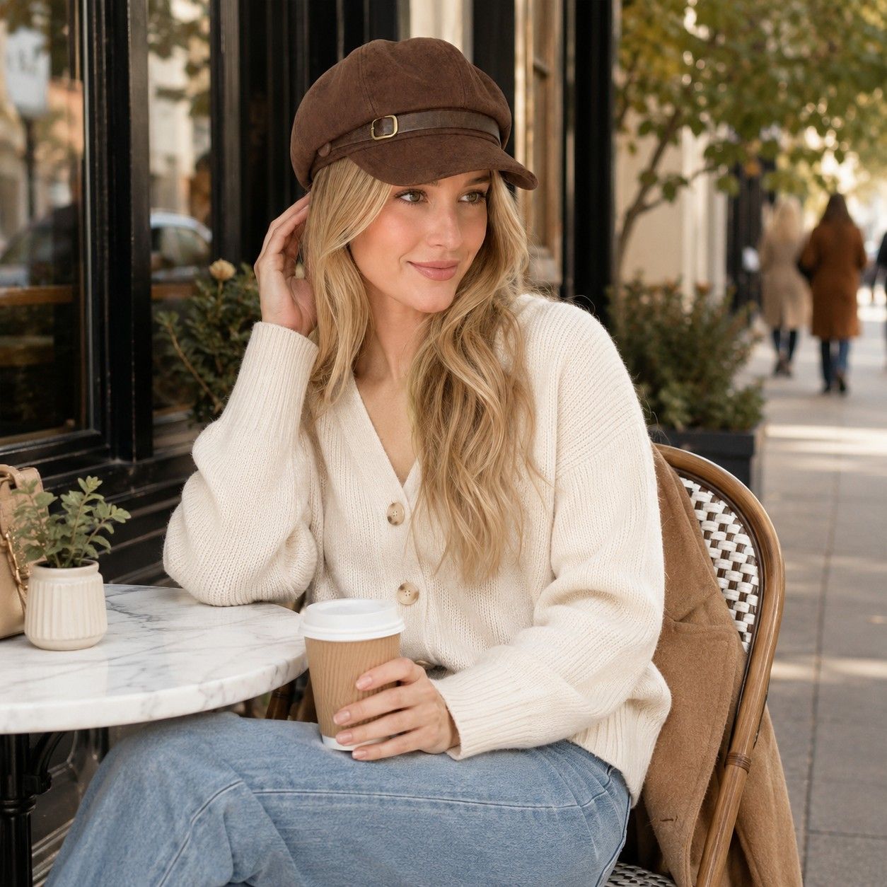 Faux Suede Baker Boy Cap with Buckle Band Vintage Newsboy Style Hat