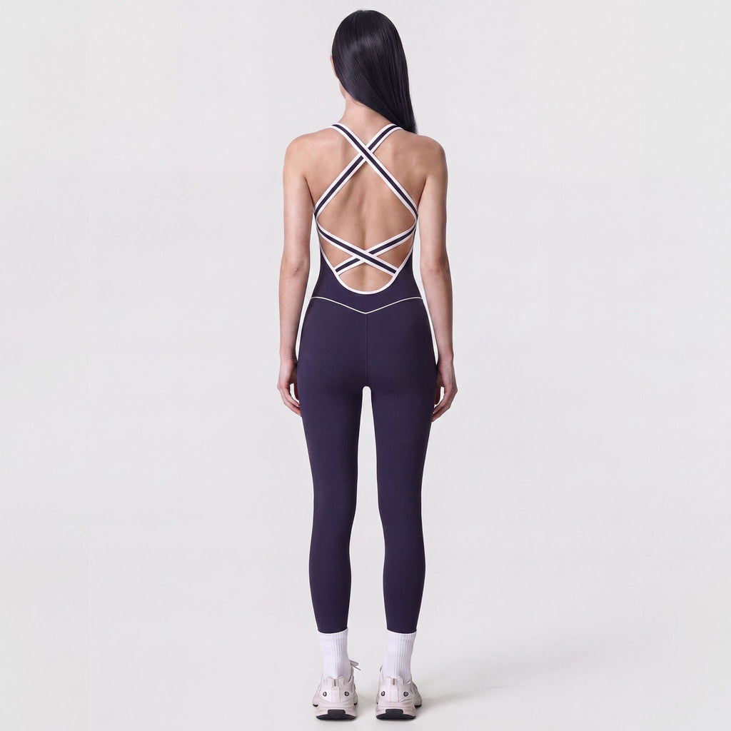 Sleeveless One Piece Active Jumpsuit with Contrast Piping Scoop Neck and Full Length Legging Fit